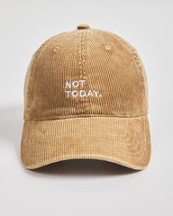 Camel corduroy cap with 'Not Today' text on a light gray background