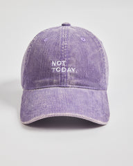 Purple corduroy cap with 'Not Today' text on a light gray background