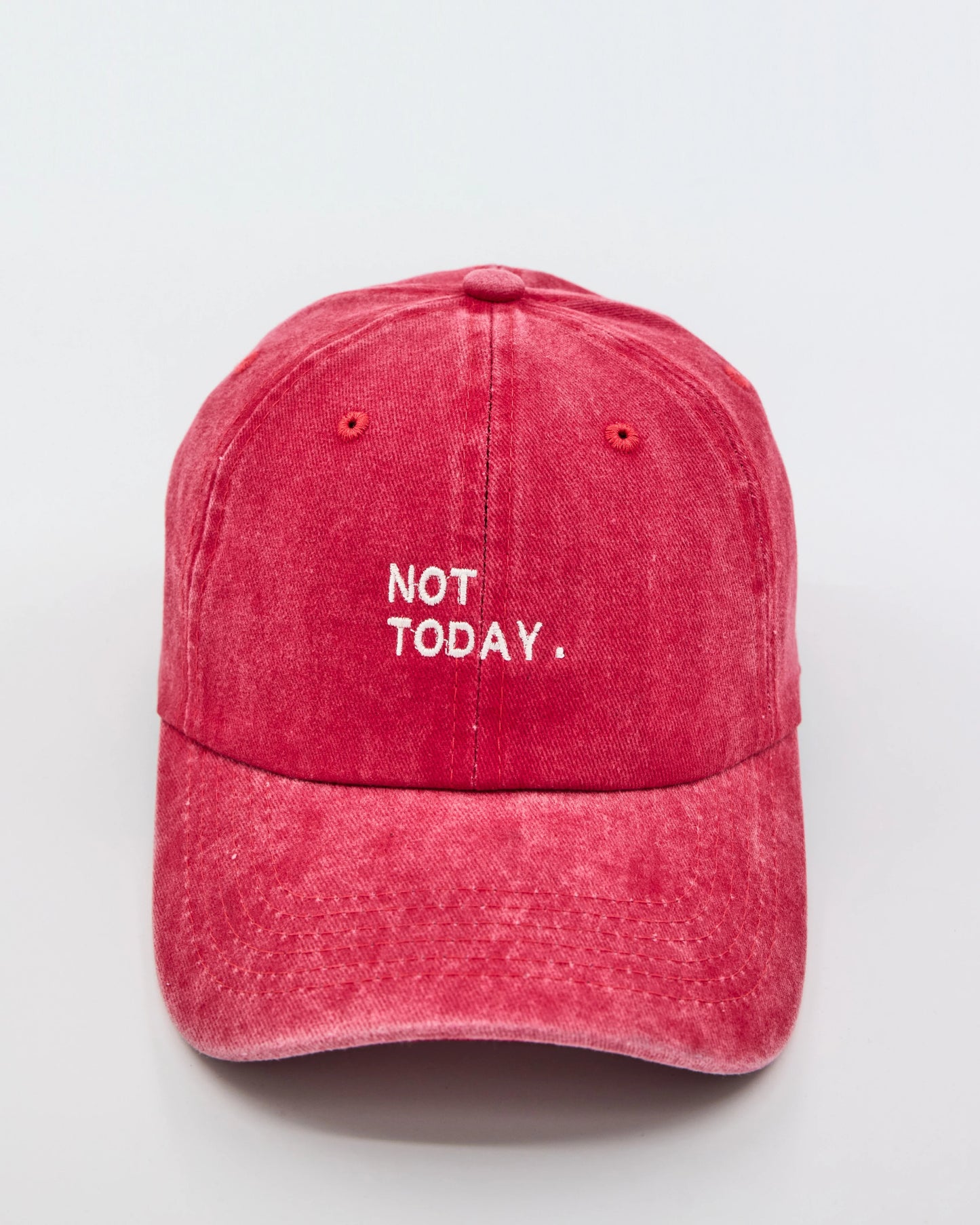 front look of not today red washed cap