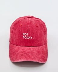 front look of not today red washed cap