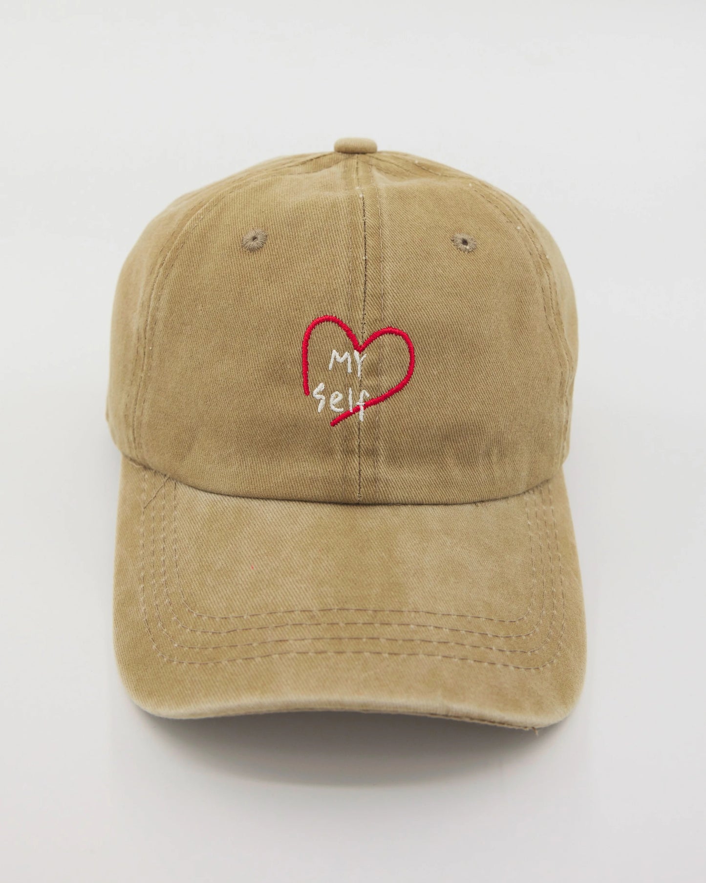 olive green washed caps with love myself embroidered in white
