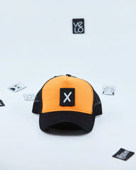 Front view of Orange and Black Customisable Trucker Cap