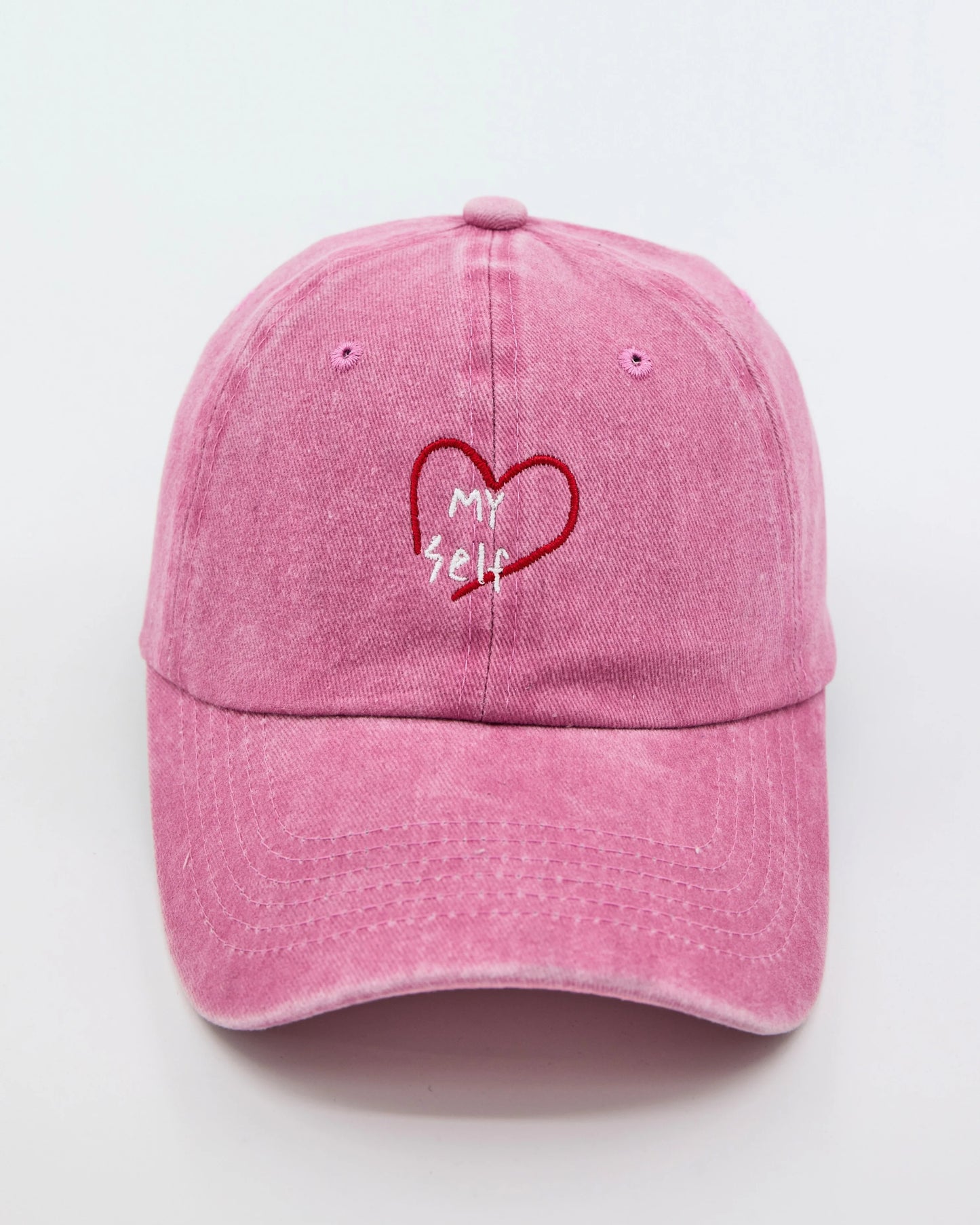 front view of Pink Love Myself Washed Cap