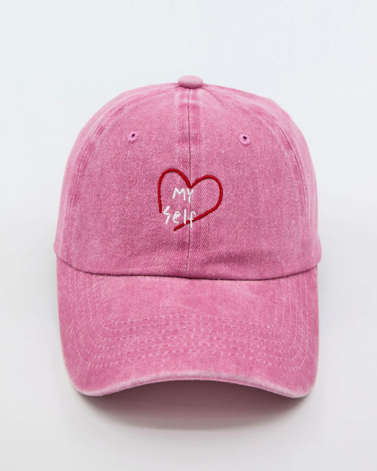 front view of Pink Love Myself Washed Cap