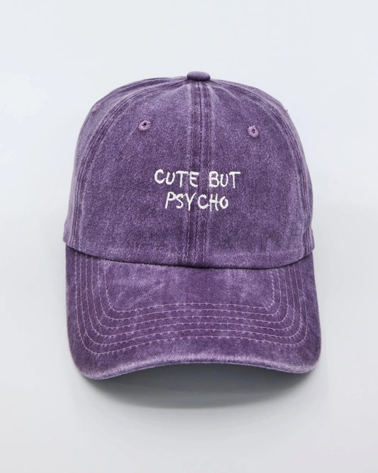 front view of Cute But Psycho Purple Washed Cap