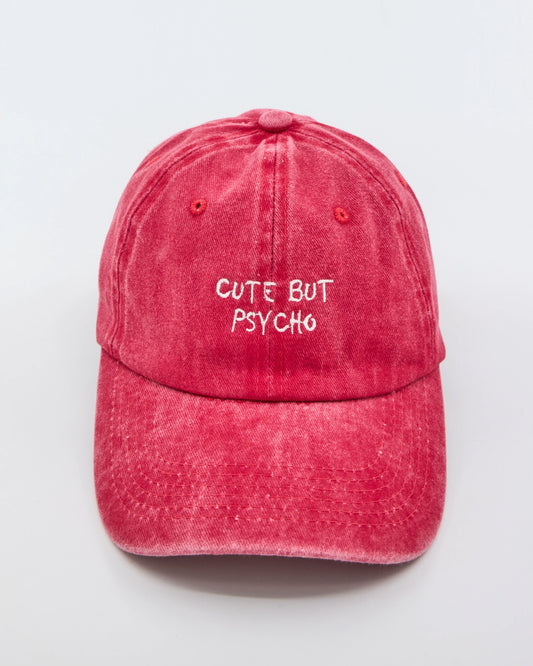 front view of Cute But Psycho Red Washed Caps