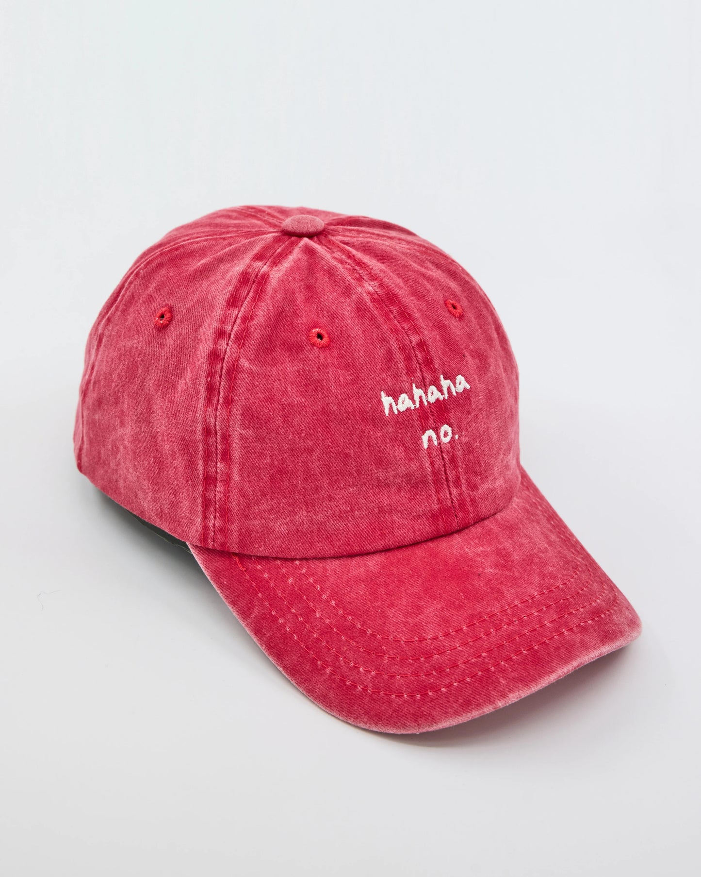 side view of Red Hahaha No Washed Cap