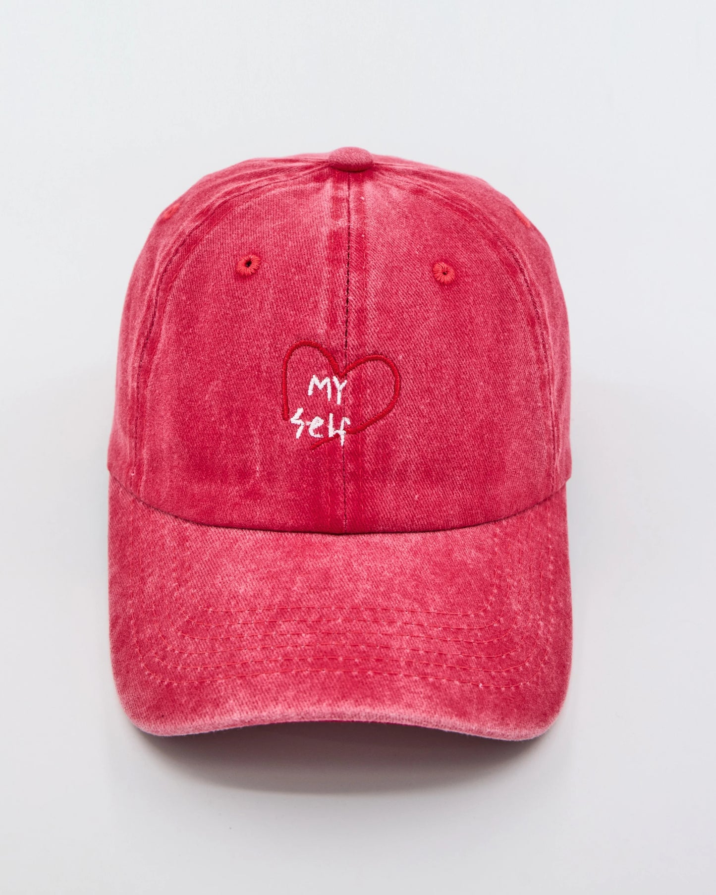 front view of Red Love Myself Washed Cap