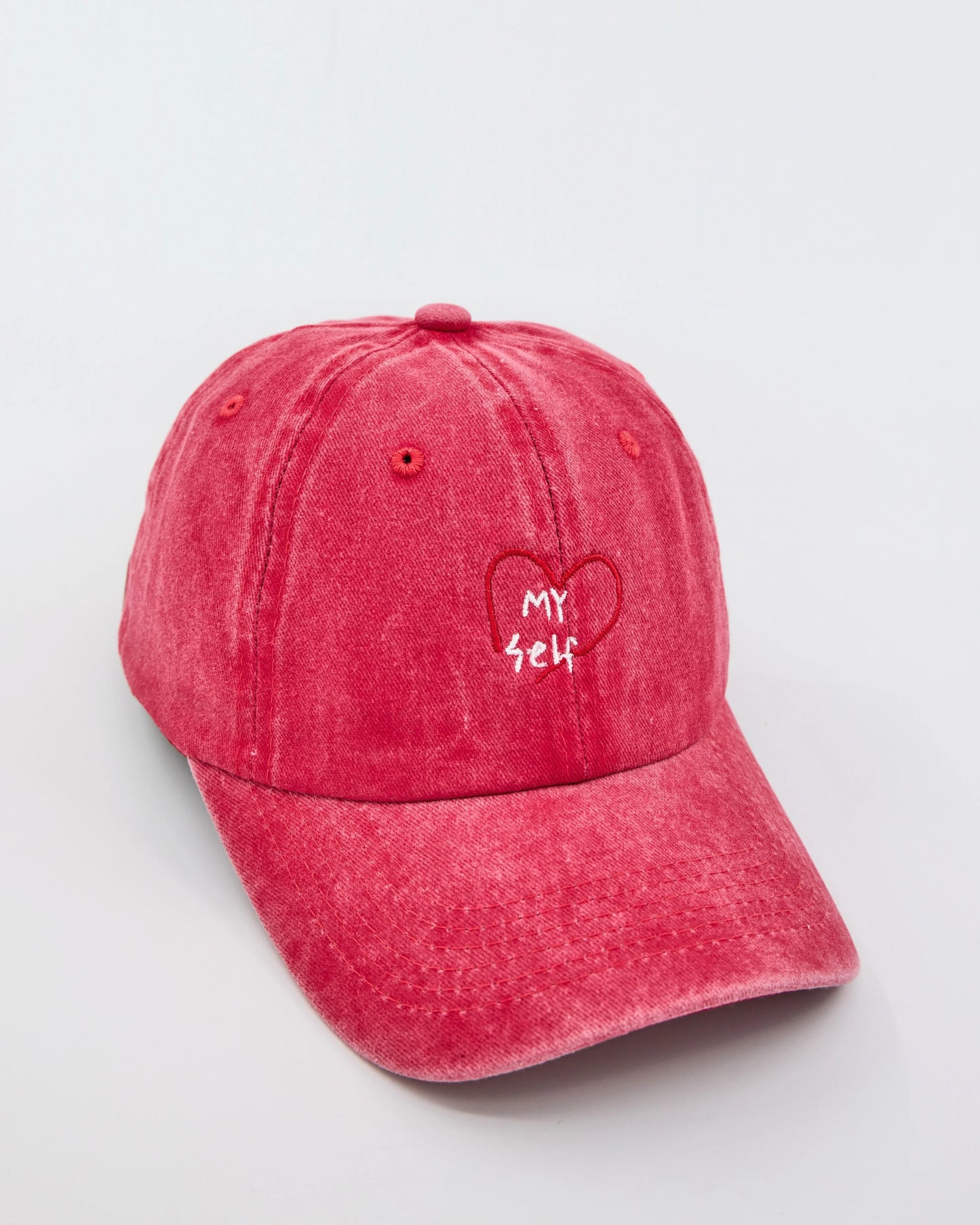 side view of Red Love Myself Washed Cap