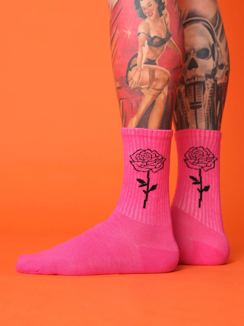 side view of pink rose socks