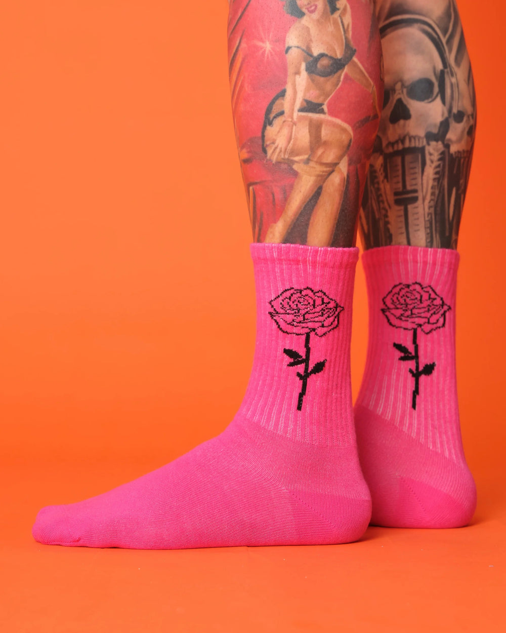 side view of pink rose socks