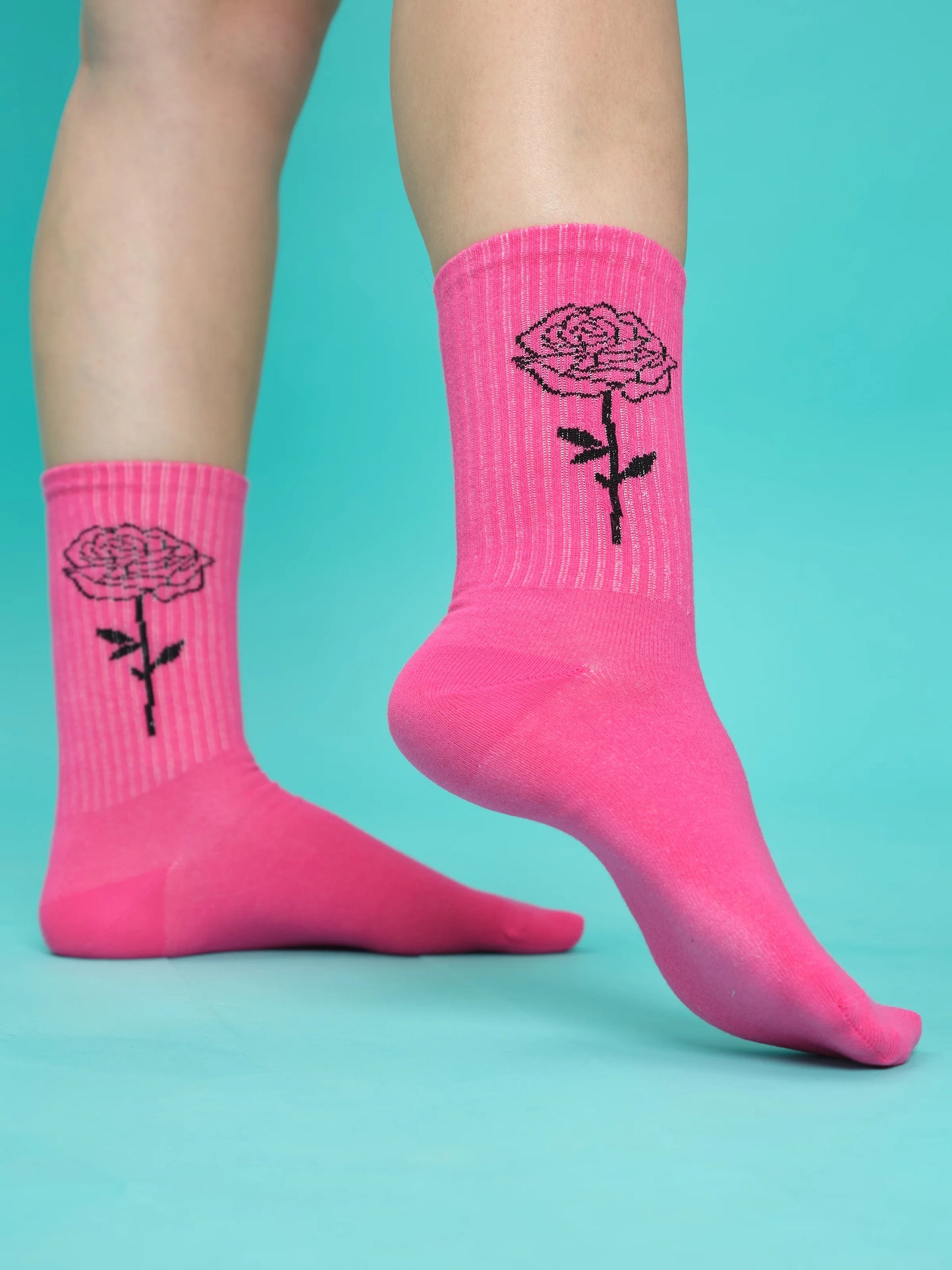 side view of pink rose socks