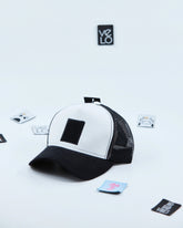 Side view of White and Black Customisable Trucker Cap