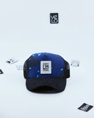 Front view of Blue Camo and Black Customisable Trucker Cap