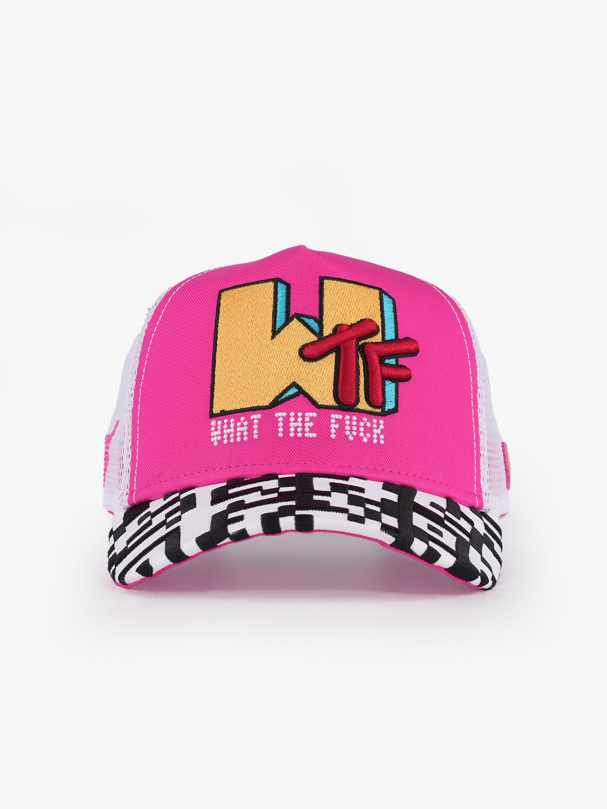 What pink and white trucker cap angled view