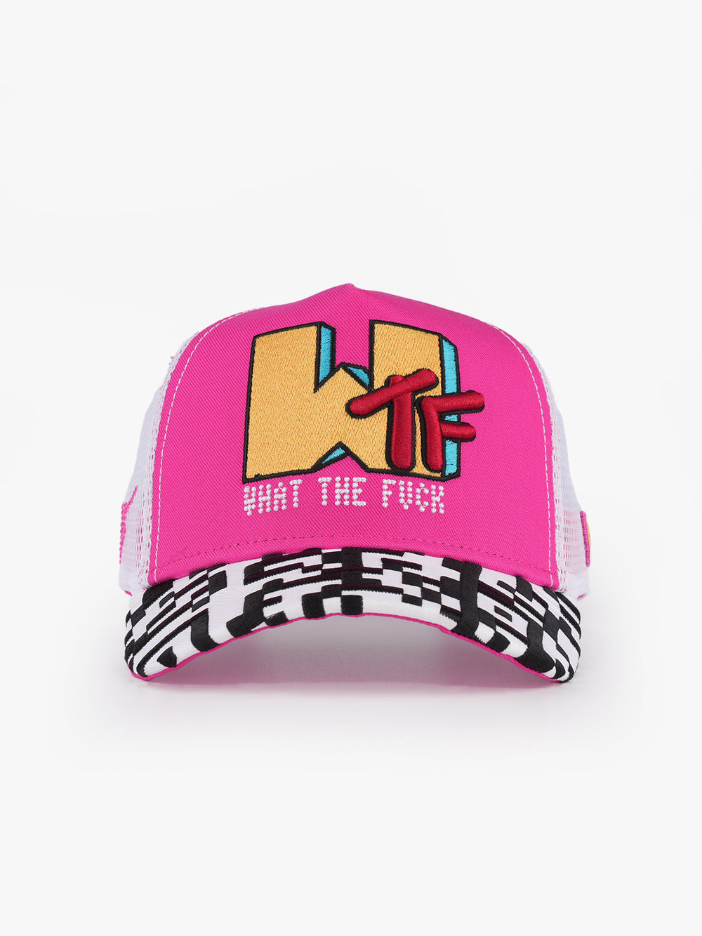 What pink and white trucker cap angled view