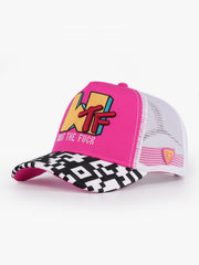 What pink and white embroidered trucker cap front view
