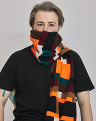 Brick Grid colourful oversized scarf wrapped over a black T-shirt