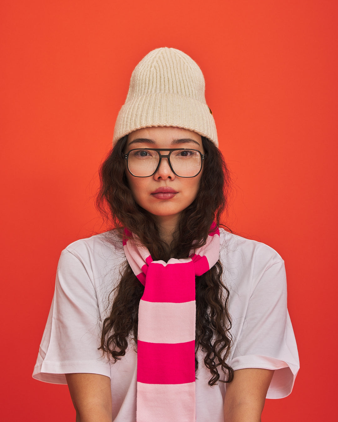 Pink & Blush unisex acrylic scarf flat lay in electric pink and soft blush