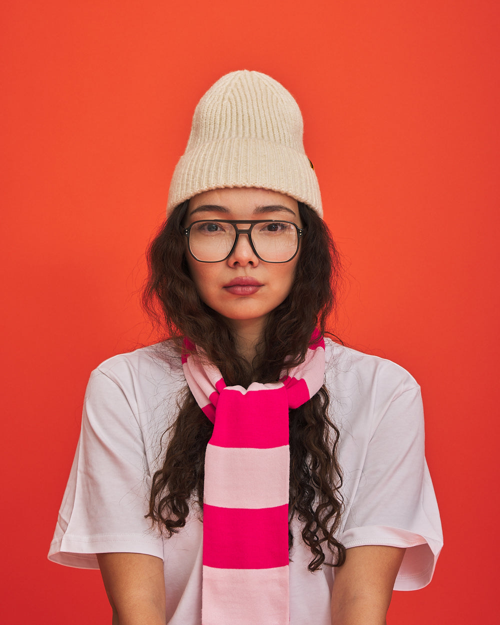 Pink & Blush unisex acrylic scarf flat lay in electric pink and soft blush