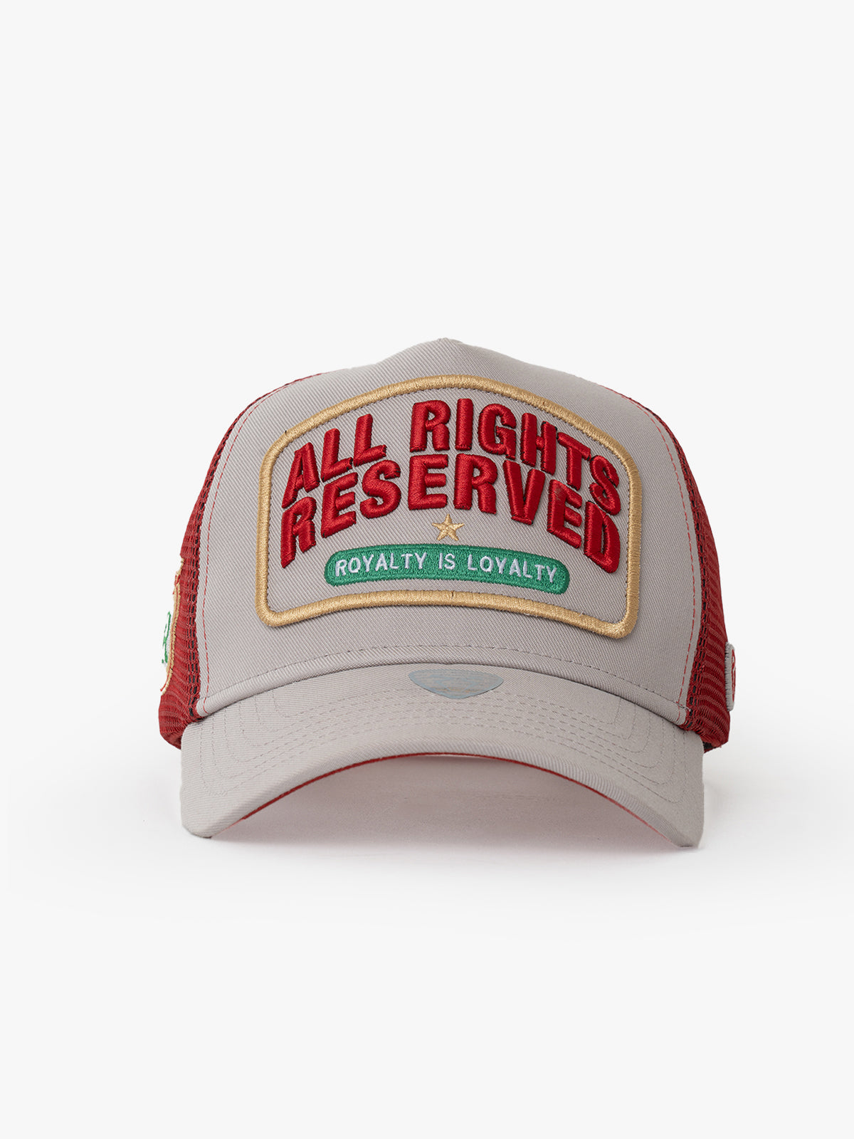 Front view of All Rights Reserved Gray Trucker Hat