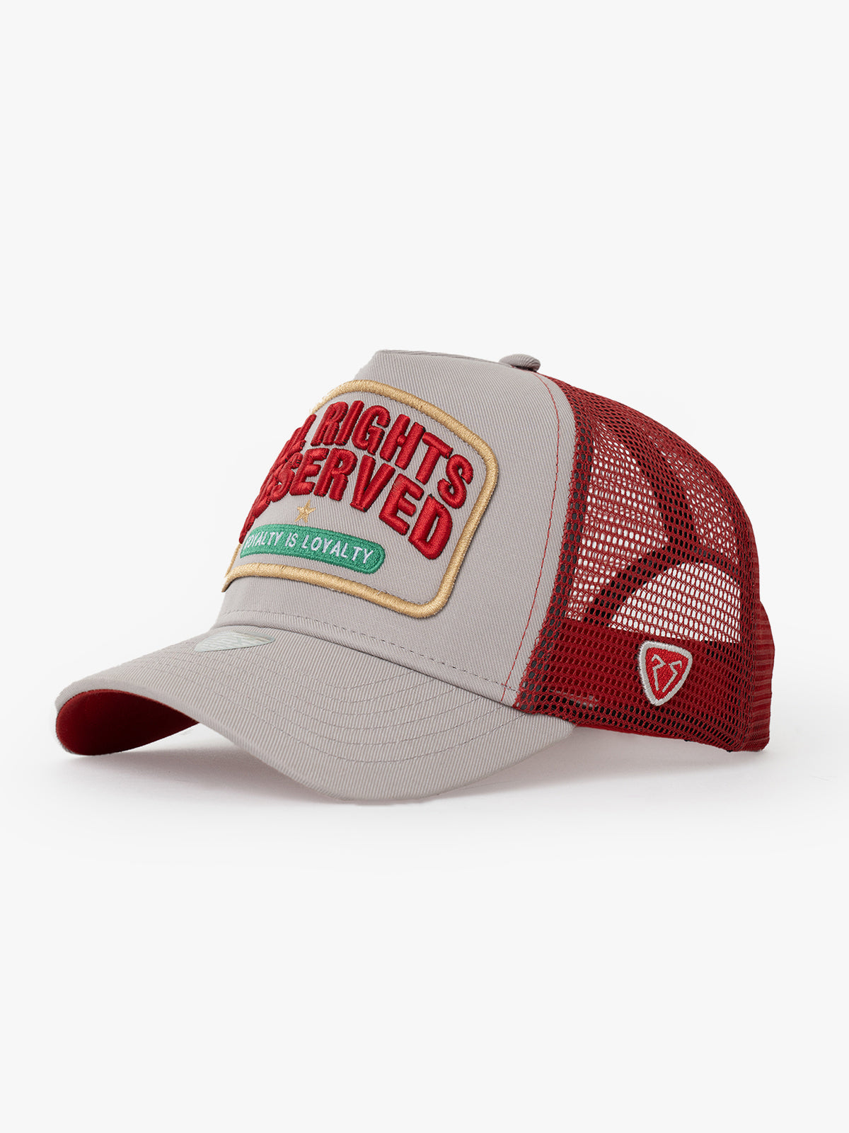 Side view of All Rights Reserved Gray Trucker Hat