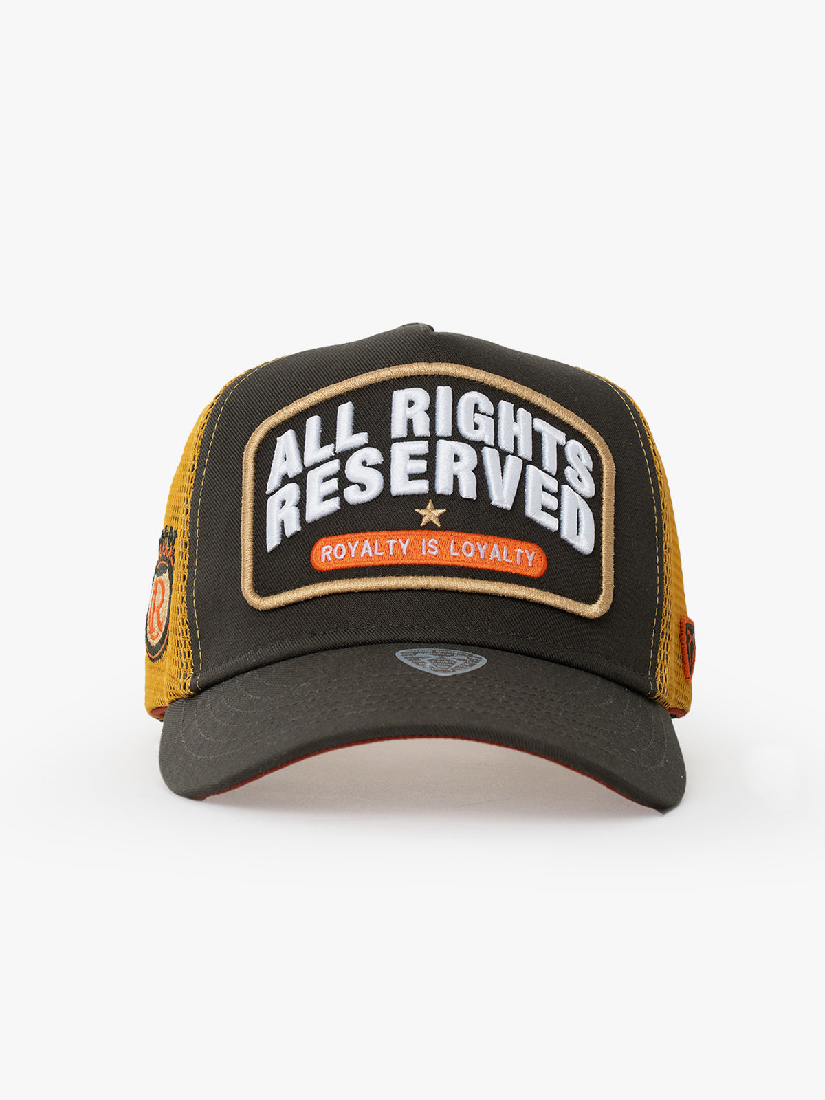 Front view of All Rights Reserved Khaki Trucker Hat