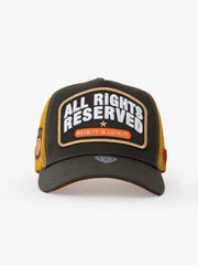 Front view of All Rights Reserved Khaki Trucker Hat