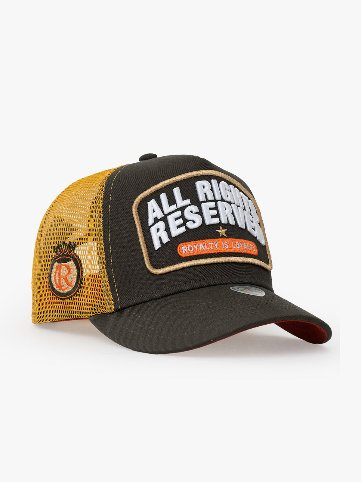 Side view of All Rights Reserved Khaki Trucker Hat
