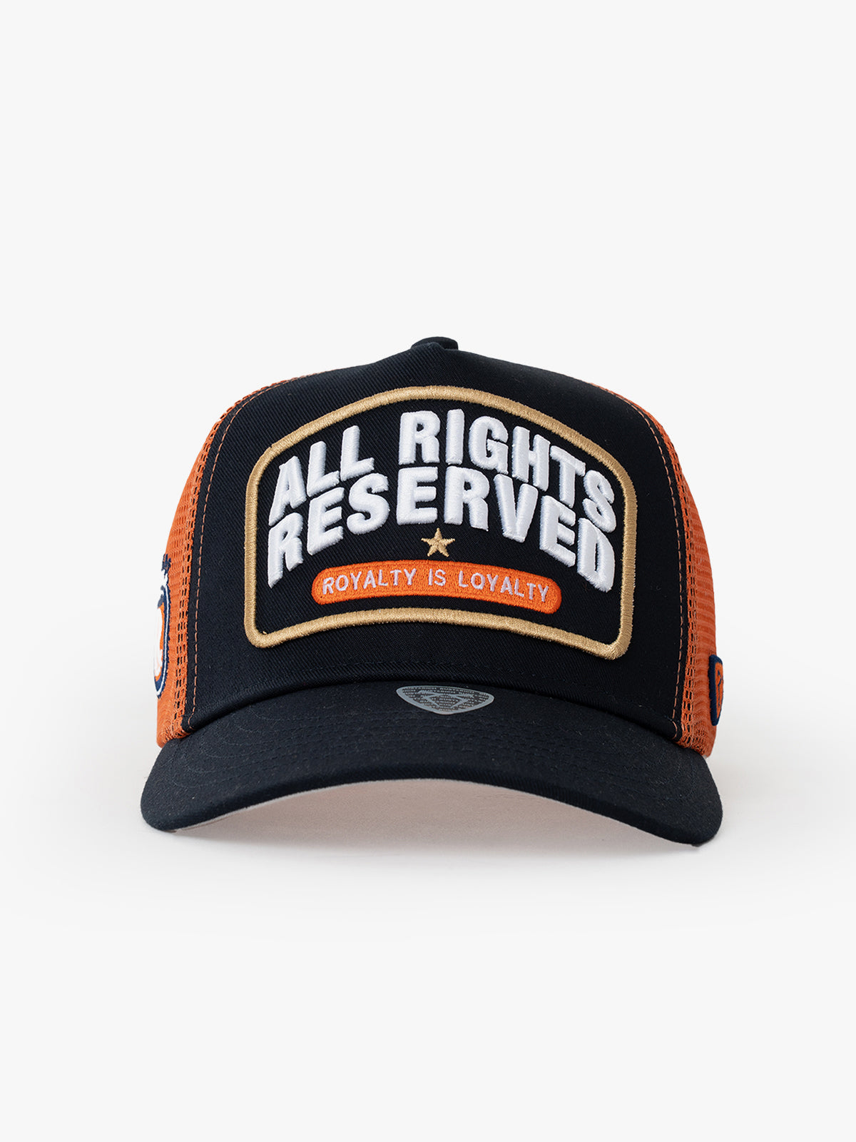 Front view of All Rights Reserved Navy Blue Trucker Hat