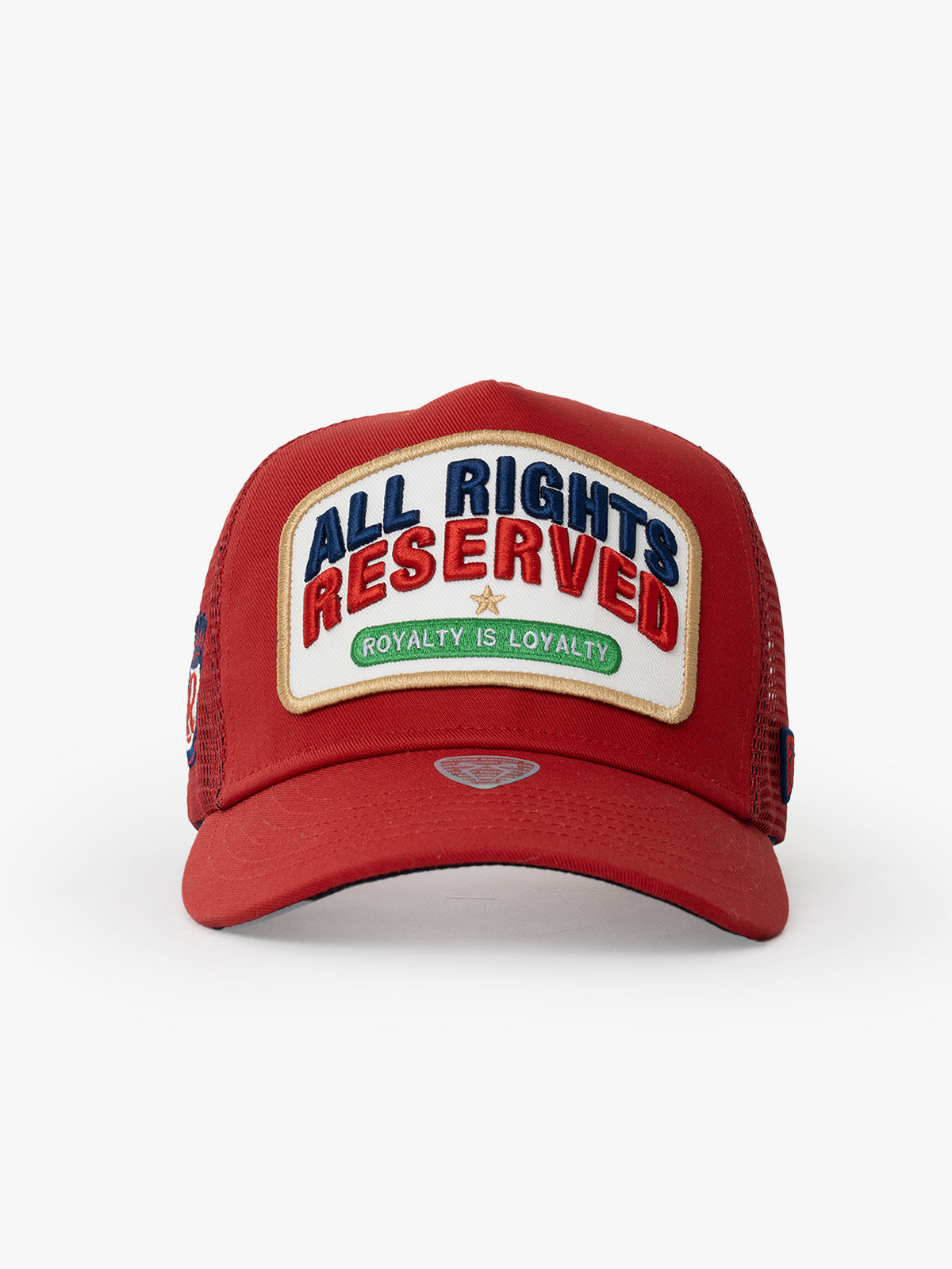 Front view of All Rights Reserved Red Trucker Hat
