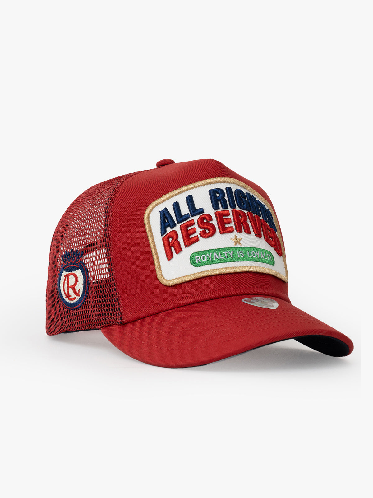 Side view of All Rights Reserved Red Trucker Hat