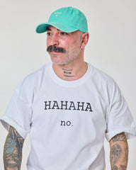 man wearing Hahaha No Aqua Blue Washed Cap Hat
