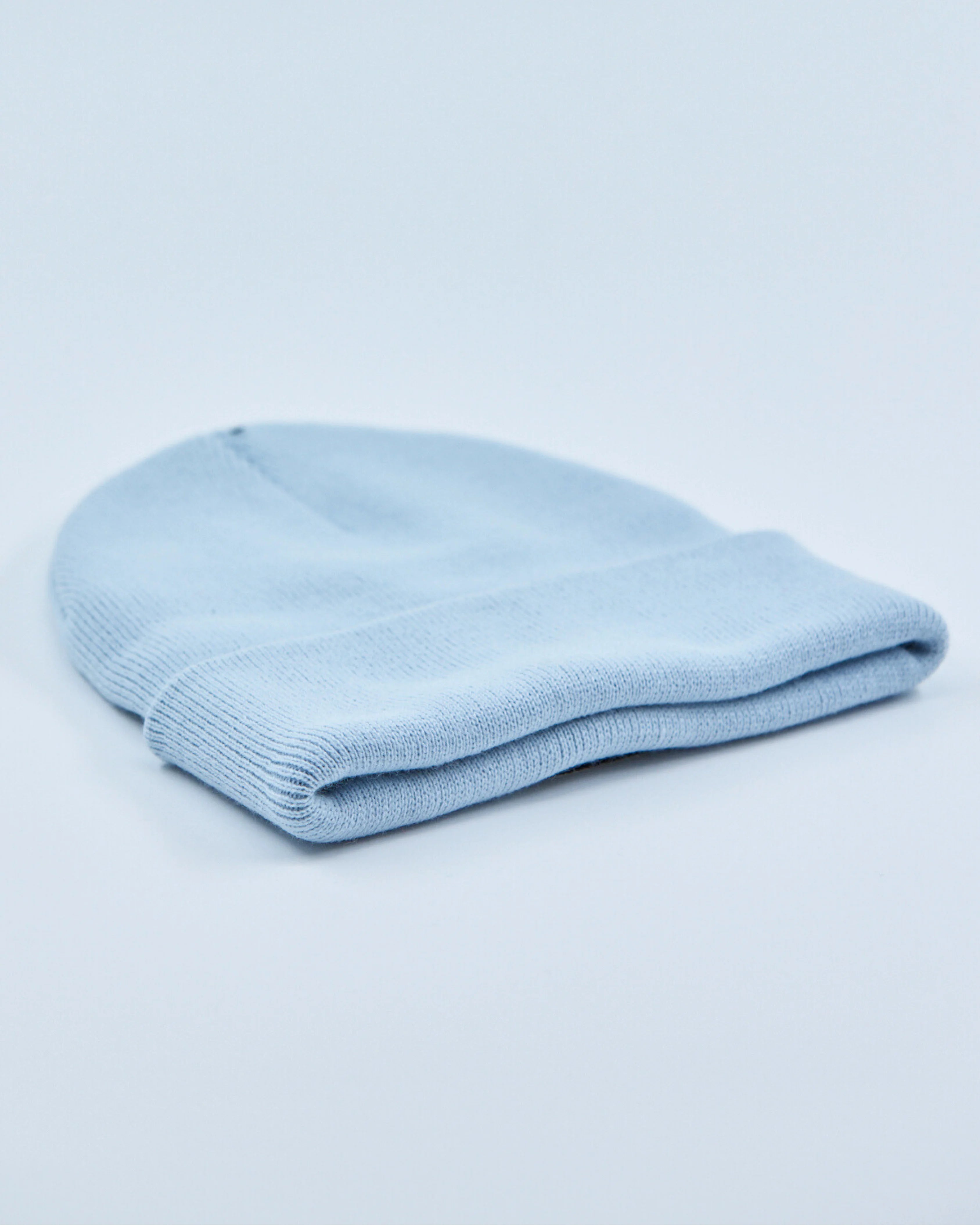 Light blue beanie on a light gray background