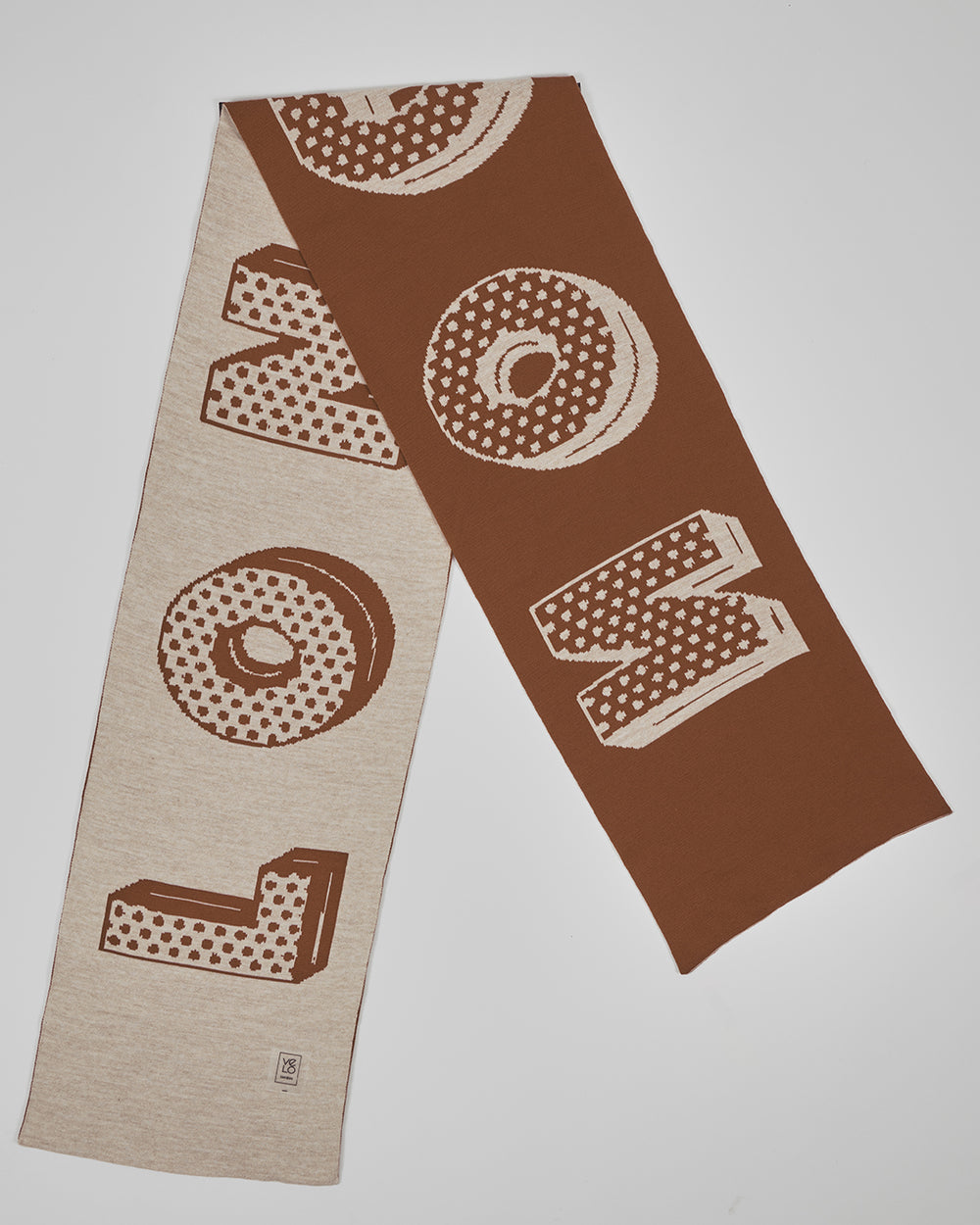 Baker Street Mocha unisex acrylic scarf flat lay in mocha brown and oatmeal cream