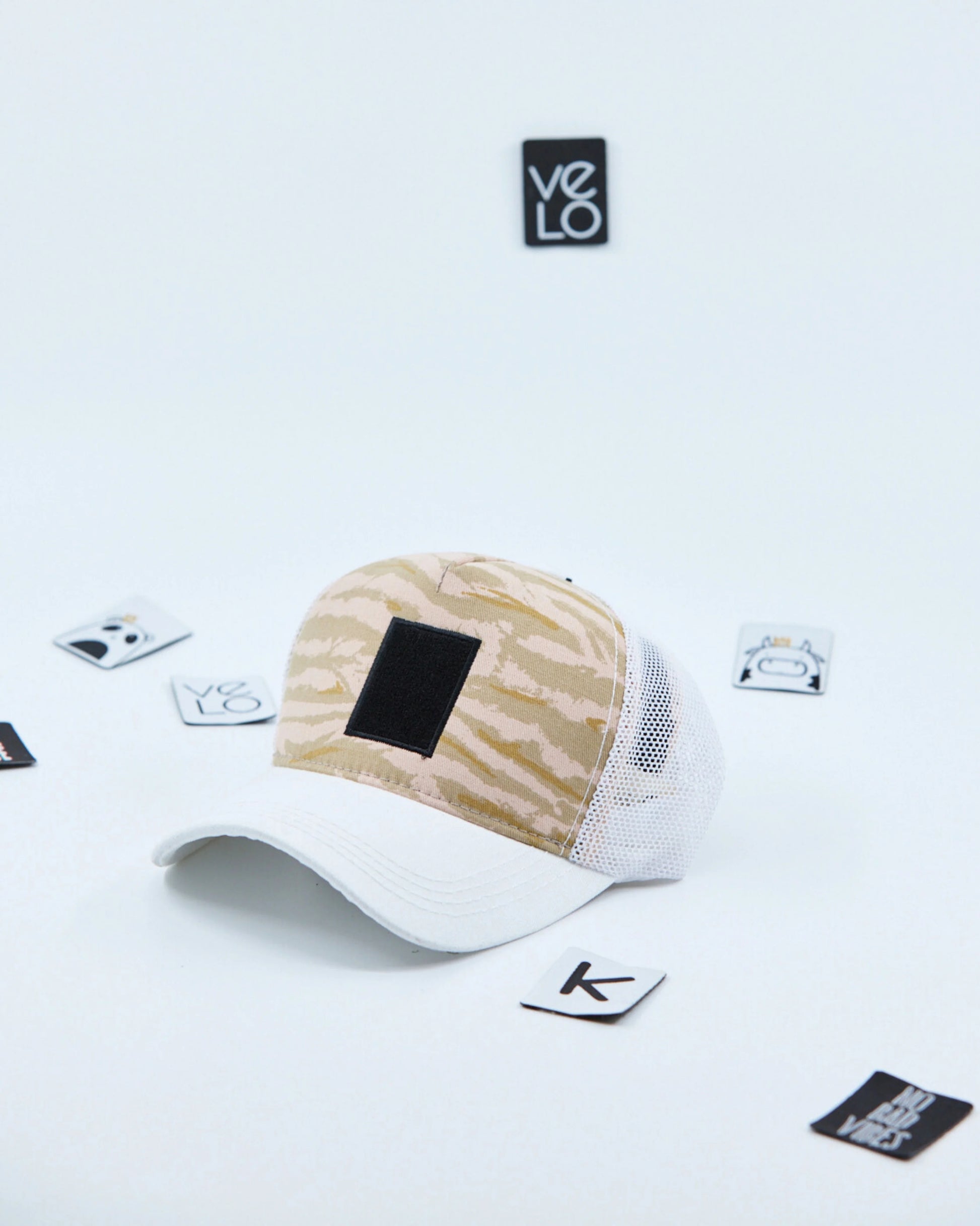 Side view of Beige Tiger and White Customisable Trucker Cap