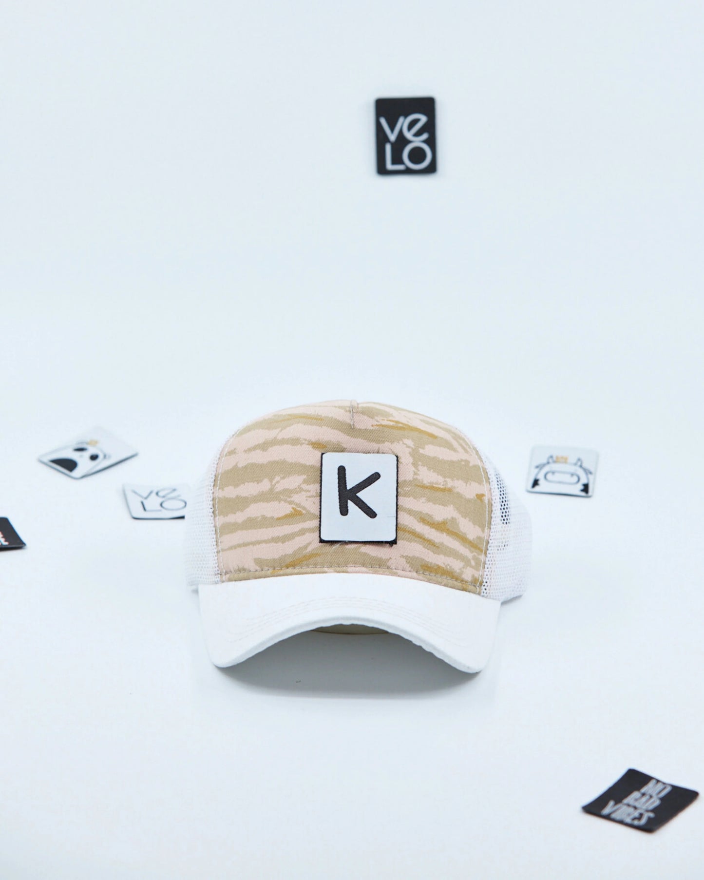 Front view of Beige Tiger and White Customisable Trucker Cap