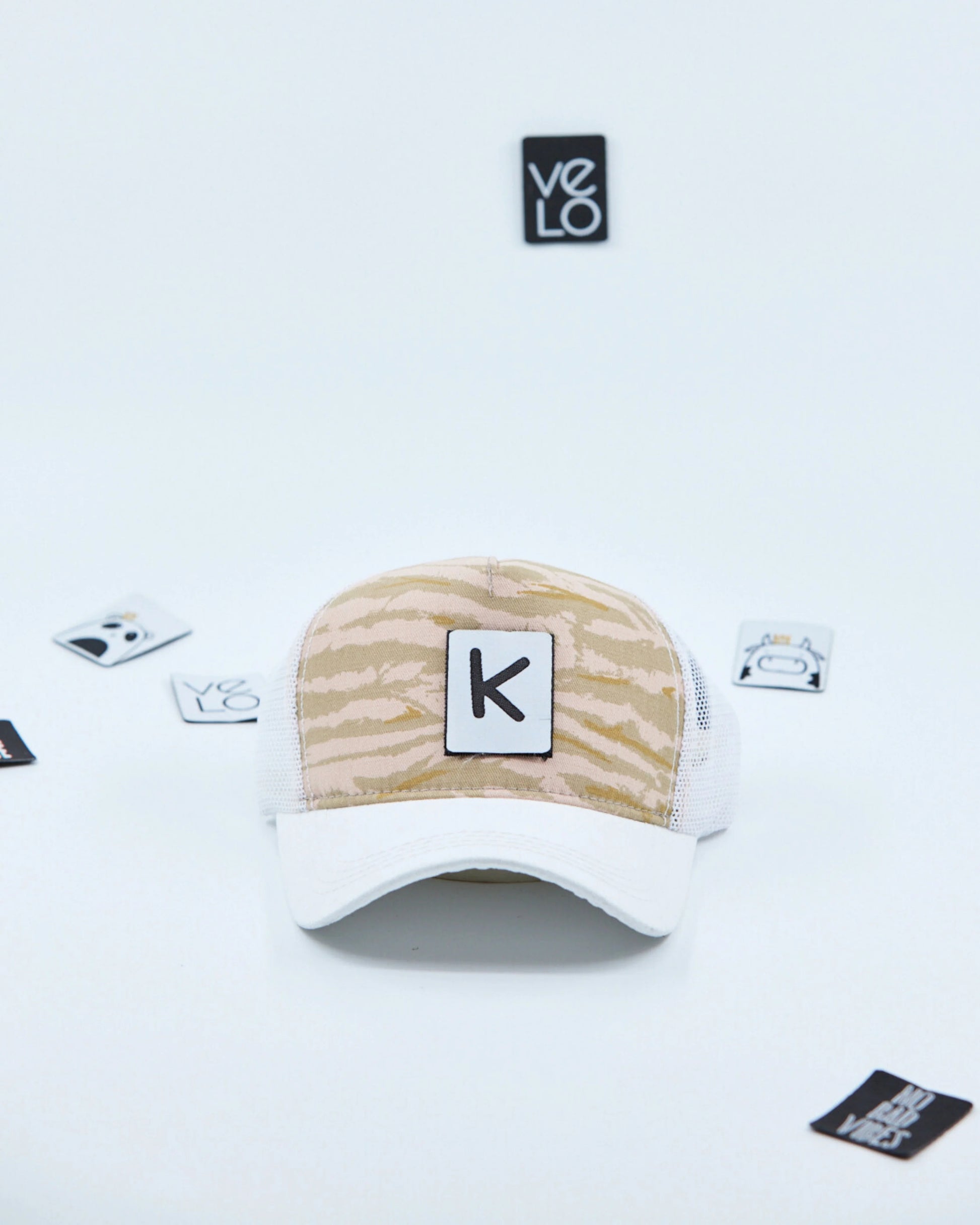 Front view of Beige Tiger and White Customisable Trucker Cap