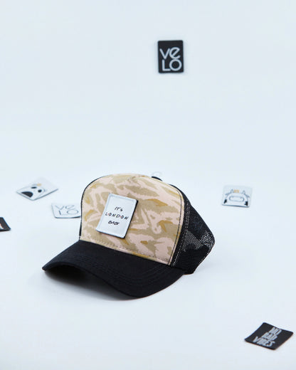 Side view of Beige Zebra and Black Trucker Cap