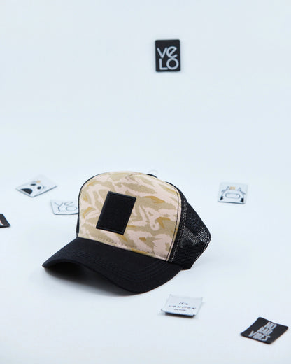 Side view of Beige Zebra and Black Customisable Trucker Cap