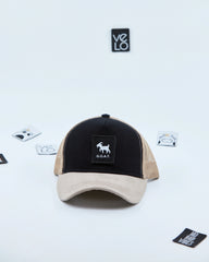 Front view of Black and Beige Trucker Cap