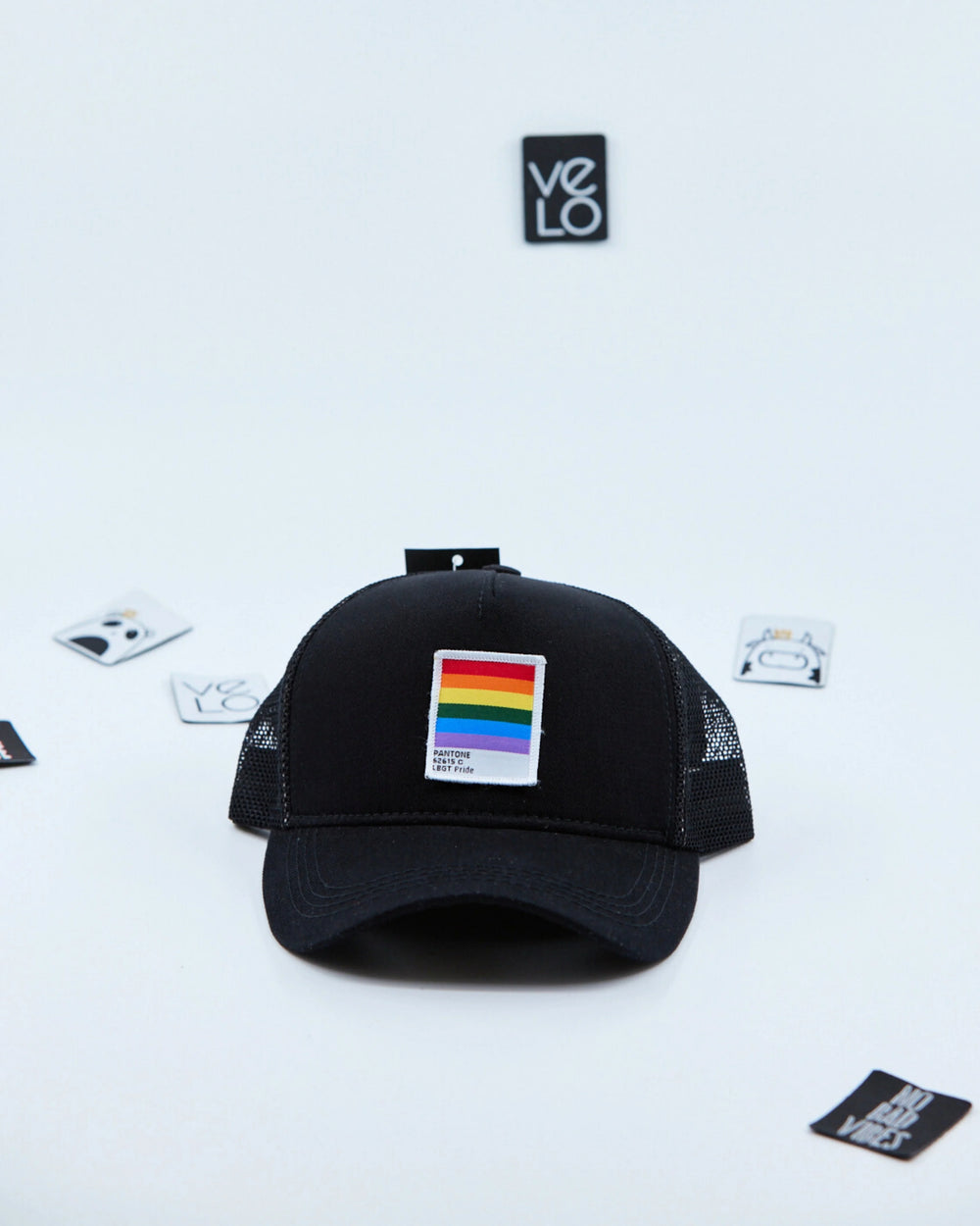 Front view of Black and Black Meshed Trucker Cap