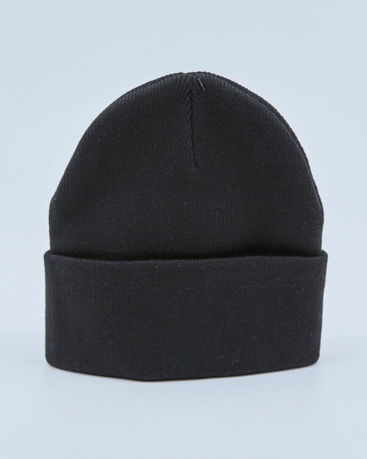 Black beanie on a light blue background