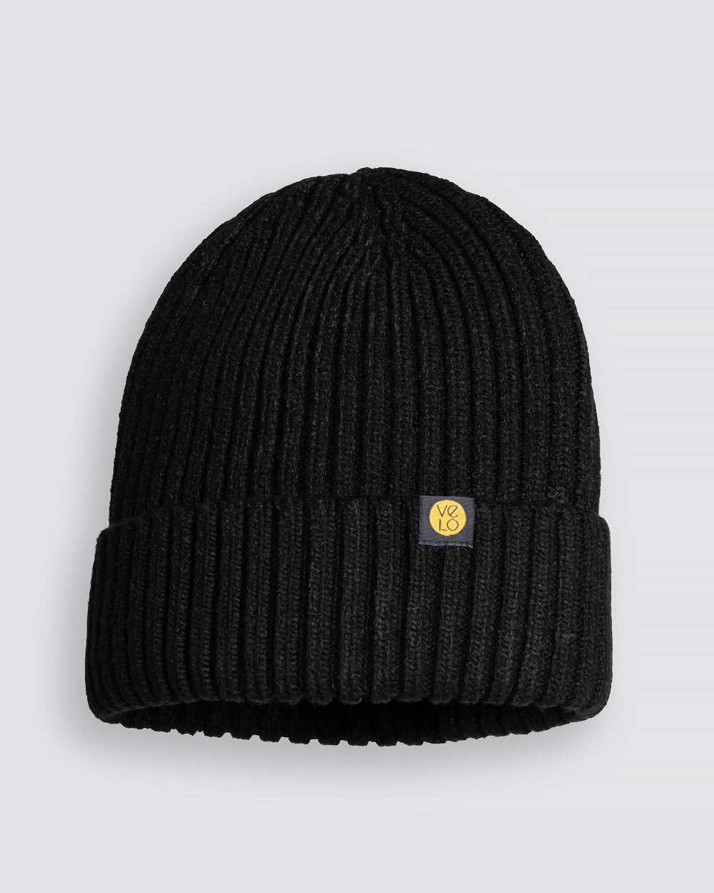 Black Classic Beanie with a logo on a light gray background