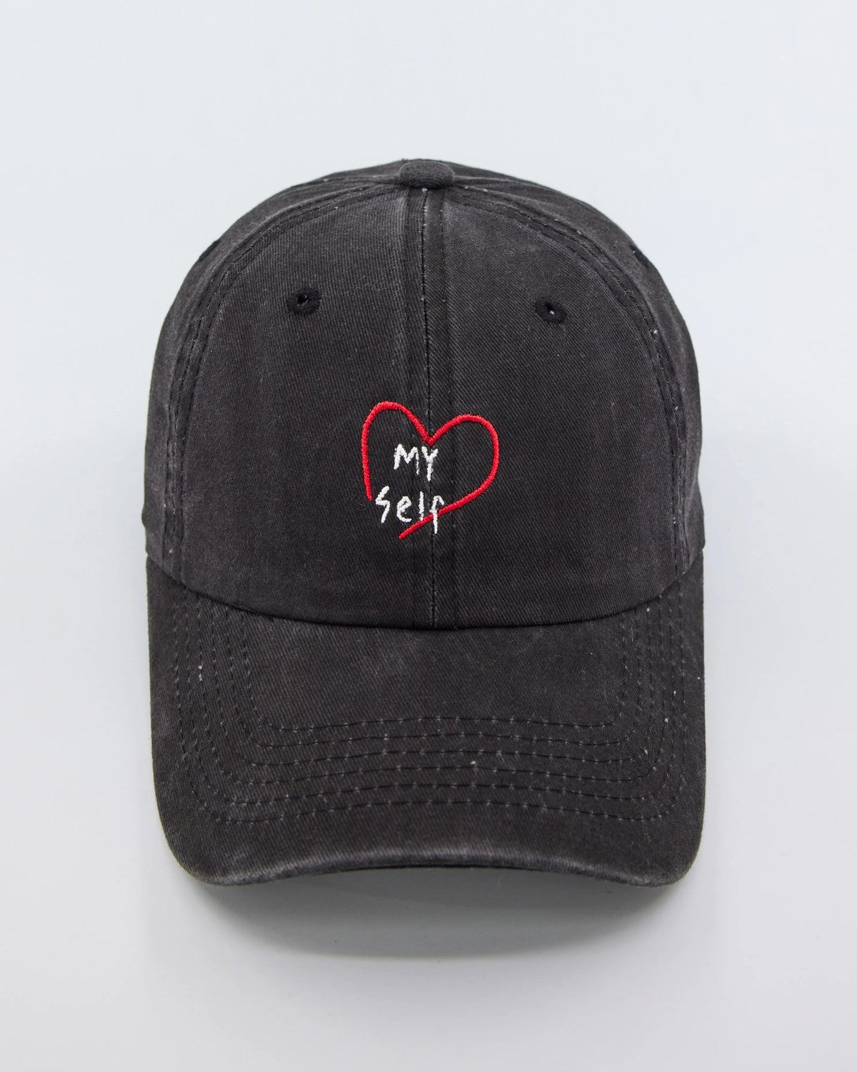 front view of Love Myself Black Washed Cap