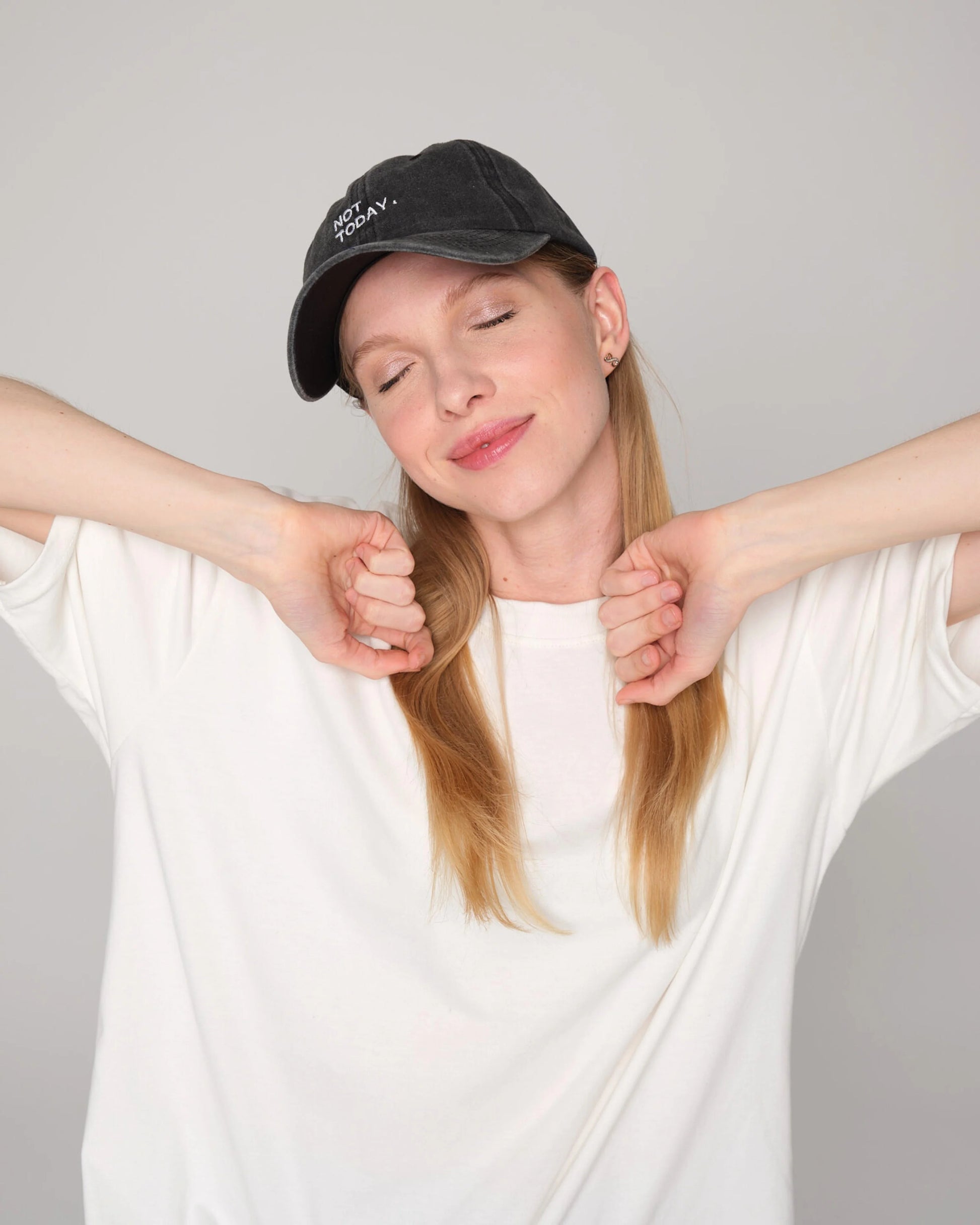 woman wearing Not Today Black Washed Cap