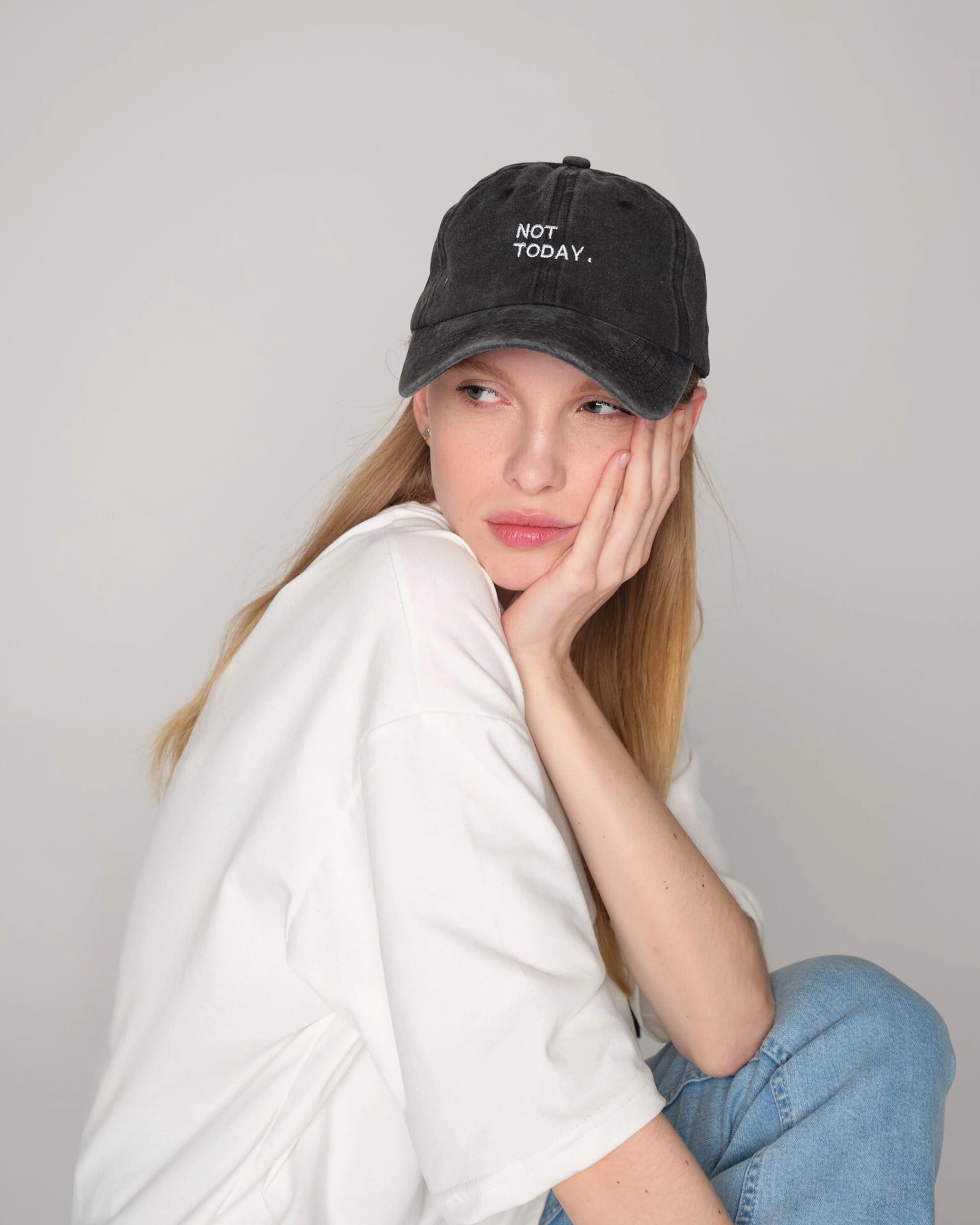 woman wearing Not Today Black Washed Cap Hat