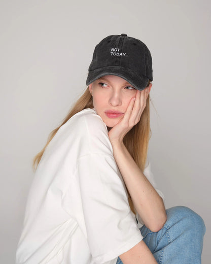 woman wearing Not Today Black Washed Cap Hat