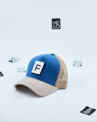 Side view of Blue and Beige Customisable Trucker Cap