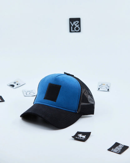 Side view of Blue and Black Customisable Trucker Cap